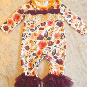 MARIE NICOLE Floral Long Sleeve Baby Romper with Ruffle Details